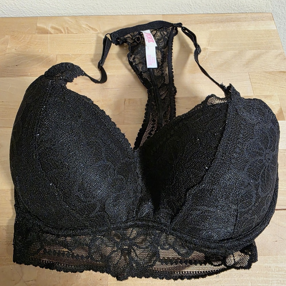 Victoria's Secret PINK Push-up Pigeonnant Lace Underwire Bra Sz‎  S (D-DD) BLACK